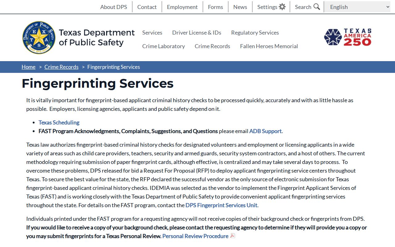 Hardin County criminal court record comparison with Texas DPS FAST fingerprinting