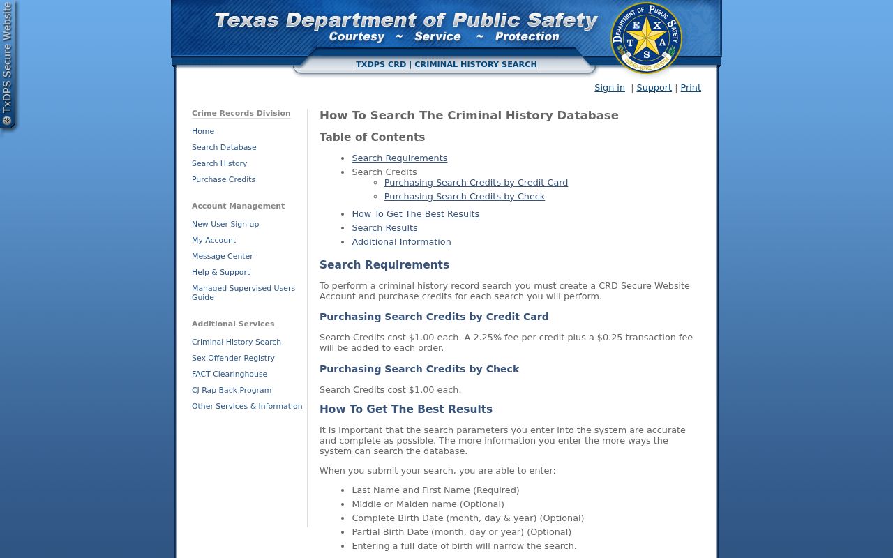 Hardin County criminal record DPS matching and search credit instructions